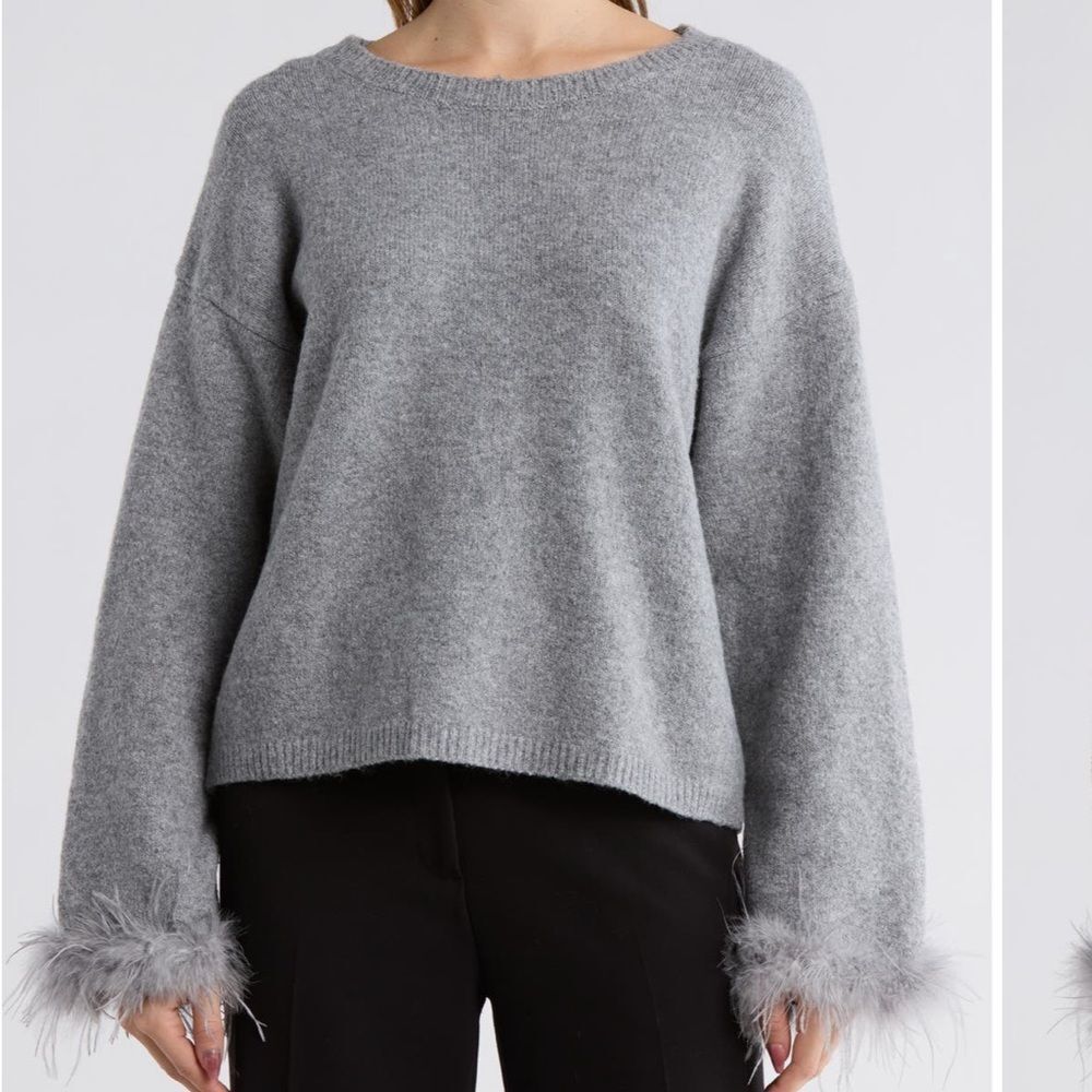 NWT WAYF Feather Trim Bell Sleeve Sweater Gray Sz Medium